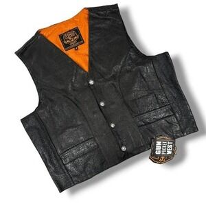 Milwaukee Mens 52 Black Premium Leather Biker Riding Vest Orange Lined VNeck NWT